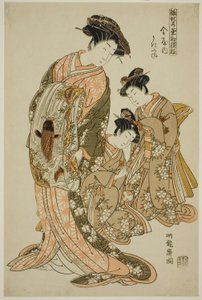 Ukifune z Kanaya, ze série „Modely pro módu: Nové vzory svěží jako mladé listy (Hinagata wakana hatsu moyo)“ od Isoda Koryusai
