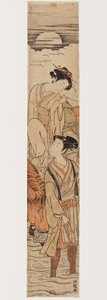 Young Couple Crossing a River in Moonlight (barevný dřevořez) od Isoda Koryusai