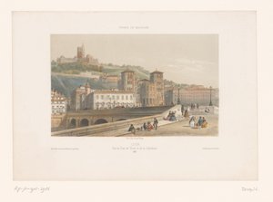 Pohled na Pont Tilsitt a katedrálu Saint-Jean v Lyonu Lyons. Vue du Pont de Tilsitt et de la Cathédrale (název na objektu) Malé tváře ve Francii (název série) France en miniature (název série na objektu) od Isodore Laurent Deroy