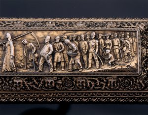 Detail miniaturní lidské kostry a sarkofágu od Israel Rouchomovsky