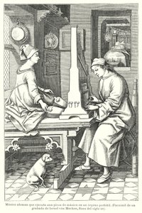 Německý hudebník hrající na přenosné varhany, konec 15. století (litho) od Israel van (after) Mecken