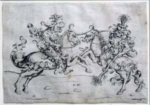 Hrají dva jezdci. Hra dvou mužů na koni. Kresba Israel Van Meckenem (asi 1440-1503). muzeum Louvre od Israhel van the younger Meckenem
