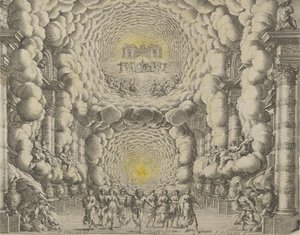 Návrh divadelní výpravy, kterou vytvořil Giacomo Torelli da Fano pro balet 