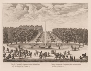 Pohled na zámek Versailles, ze strany uličky a Dračí fontána, 1676.