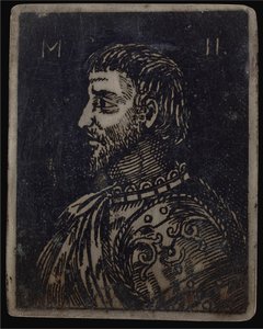 Busta vousatého muže se zdobeným prsním plátem směřujícím doleva od Italian 16th Century