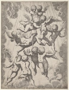 Skupina andělů v slávě od Italian 17th Century, after Guido Reni, after Luca Cambiaso
