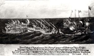Námořní bitva mezi benátským loďstvem pod vedením generála Francesca Morosiniho (1618-94) proti Turkům u pobřeží Kréty, říjen 1645 (olej na plátně) (černobílé foto) od Italian School