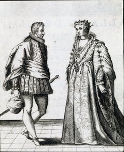 Pár italské šlechty. Rytina z „“ Il ballarino “ (nebo Il dancer) pojednává o tanci tanečního mistra Fabritia Caroso (1527 / 1535-1605 / 1620) 1581. Civic Museum Biblioteca Musicale, Bologna od Italian School