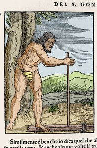 Domorodý muž zapalující oheň třením dvou kusů dřeva. Rytina z „“ Navigationi and Viaggi““ od Giovanniho Battisty Ramusia (1485-1557), sv. III, Benátky 1565. od Italian School