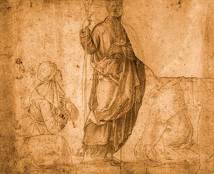 Světec se dvěma klečícími ženami (červená křída na papíře) od Italian School
