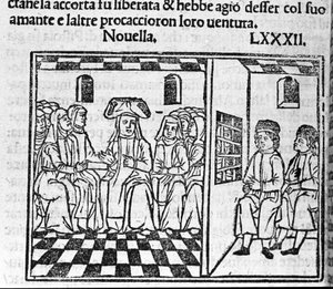 Příběh o lásce jeptišky. Ilustrace ke zprávě 82 (Nová 2 devátého dne) „Dekameronu“ od Giovanniho Boccaccia dit Jean Boccaccia (1313-1375), italského spisovatele. Rytina v „” Decamerone ouer Cento nouelle”” Benátky, Bartolomeo de 