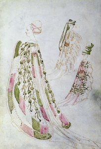 Žena a dva muži v dlouhých kabátech, cca 1450 (inkoust a akvarel na papíře) od Italian School