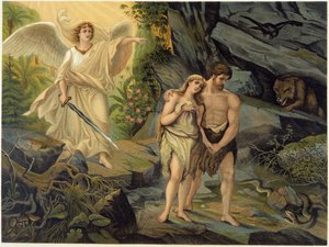 Adam a Eva vyhnáni z pozemského ráje (Eden) archandělem - v knize "" Zlatá klasická Bible: Historie božského zjevení ve starověkém a novém stresu "" od Giovanniho Ladislao Sykory (vol. 1), přeložil Don Clemente Benetti. (Italská bible od Italian School
