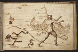 Přidat. 82955, f.133   Hadi pronásledují lidskou postavu.  , z Historia Animalium, (skládající se z 245 kreseb perem a inkoustem různých druhů zvířat a bájných tvorů, každý doplněný popisem.)    1595 od Italian School
