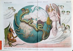 Alegorie Britského impéria škrtícího svět, satirická karikatura z Le Perroquet (Il Pappagallo), 1878 od Italian School