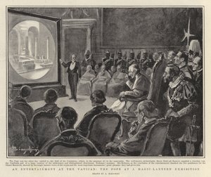 Zábava ve Vatikánu, papež na výstavě kouzelných luceren (litografie) od Italian School