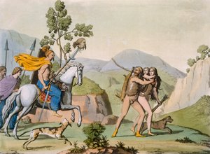 Starověcí keltští válečníci na výpravě narazí na pár na lovu, kolem 1800-18 (barevná rytina) od Italian School