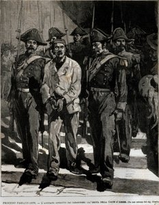 Zatčení Giovanniho Passannanteho (1849-1910), který v roce 1878 provedl útok na italského krále Umberta I. (Humberta I.) v Neapoli. Tato událost inspirovala básníka Giovanniho Pascoliho (1855-1912) v Ódě. Rytina 19. století od Italian School