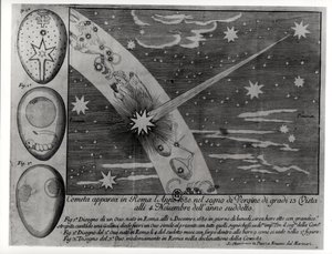 Astrologický diagram komety, která se objevila v Římě během Panny a zůstala viditelná až do listopadu 1680 od Italian School