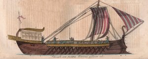 Athénská triéra, 4. století př. n. l. (acrostolium) - Triere ou triréme - rytina z „“ Zvyků a tradic všech národů vesmíru. To je historie vlády, zákonů, milicí, náboženství všech národů od nejvzdálenějších dob až po od Italian School