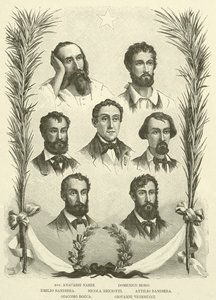 Avv Anacarsi Nardi, Domenico Moro, Emilio Bandiera, Nicola Ricciotti, Attilio Bandiera, Giacomo Rocca, Giovanni Venerucci (rytina) od Italian School