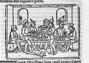 Banketní scéna za přítomnosti příslušníků florentské šlechty. Ilustrace pro „Dekameron““ od Giovanniho Boccaccia dit Jean Boccace (1313-1375), italského spisovatele. Rytina v „” Decamerone ouer Cento nouelle”” Benátky, Bartolomeo de 
