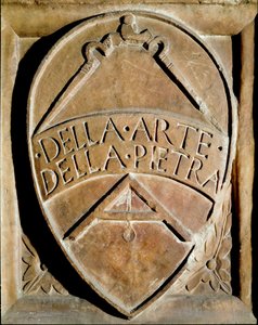 Blazon kongregace kamenických dělníků. Jsou znázorněny kompas a čtverec. Siena 14. století, Biblioteca degli Intronati od Italian School