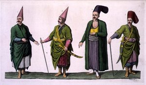 Bostandji, Khasseki a další příklady osmanského kostýmu, deska 5 z části III, svazek I „Historie národů“, vyryl V. Raineri (akvatinta) od Italian School