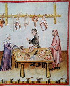 Porážení zvířecích hlav. Osvětlení z Codex Vindobonensis Series Nova 2644 (fol.76v), Tacuinum Sanitatis od Italian School