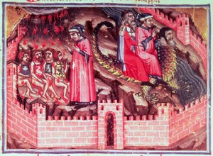 Canto XVII Čtyři Sodomité: Dante a Virgil jedou na zádech Geryona do Kruhu podvodníků, z Božské komedie (Peklo), kolem 1313