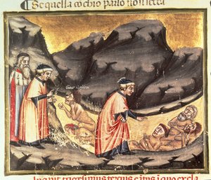 Canto XXXIII Dante a Virgil se setkají s Ugolino v Kruhu zrádců, z Božské komedie (Peklo), kolem roku 1313 od Italian School
