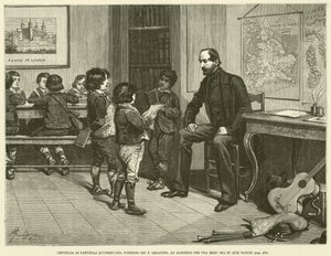 Stovky dětí běží, pokládají varhany a posadí se na půl hodiny na ty lavice (rytina) od Italian School