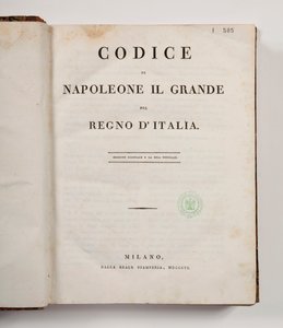 Zákoník Napoleona Velikého pro Italské království, otevřeno na titulní straně, vydáno Miláno, dalla reale Stamperia, 1806 (tištěný papír) od Italian School
