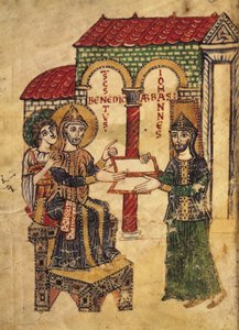Kodex 73 opat Jan nabízí rukopis svatému Benediktovi (asi 480-550), opatovi a zakladateli Montecassina, sepsaný diákonem Paulem, Ital, 915, z Komentáře ke mnišským pravidlům sv. Bena od Italian School