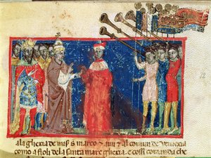 Codex Correr I 383 Dóže Sebastiani Ziani přijímá petici od papeže Alexandra III (1159-81) a císaře Fridricha Barbarossy (asi 1123-90). od Italian School