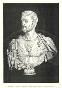 Cosimo I, Busta v mramoru a porfyru, od Benvenuto Cellini, v Uffizi (rytina) od Italian School