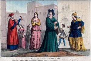 Kostýmy Siena mezi 13. a 14. stoletím - oděvy v Sieně mezi 13. a 14. stoletím - rytina z „Usi e Costumes di All Peoples of the Universe“. To je historie vlády, zákonů, milicí, náboženství všech národů od Italian School