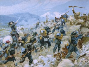 Krymská válka a bitva u Chernaya, 16. srpna 1855, ilustrace z alba o historii Risorgimenta vyrobeného pro čokoládový Talmone, konec 19. století