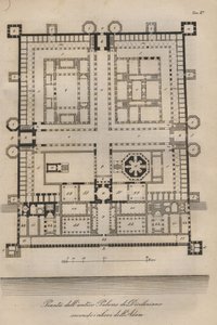 Chorvatsko - Split (Spalato) - Rekonstruovaný Diokleciánův palác od Roberta Adama (Palác římského císaře Diokleciána (Gaius Aurelius Valerius Diocletianus, 245-316). Rytina z "" Zvyky a obyčeje všech národů vesmíru. od Italian School
