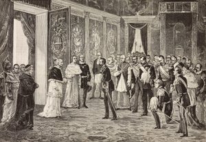 Korunní princ Německa (budoucí Fridrich III.) přijímaný papežem Lvem XIII. v trůnním sále ve Vatikánu, rytina z kresby Ximenese ze skici od Dal Dona, z L