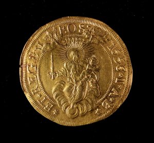 Měna republiky genů: 12,5 zlaté dvojité mince. Průměr 61 mm. 1656. Zpět. Genes Museums of Strada Nuova (inv. 6453) od Italian School