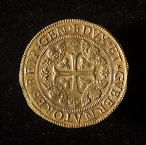 Měna republiky genů: 12,5 zlaté dvojité mince. Průměr 61 mm. 1656. přední. Genes Museums of Strada Nuova (inv. 6456) od Italian School
