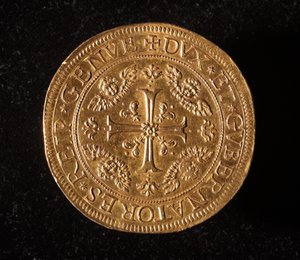 Měna republiky genů: 25 zlatých dvojitých mincí. Průměr.52,5 mm. 1694. Přední. Genes Museums of Strada Nuova (inv. 6457) od Italian School