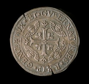 Měna republiky genů: ECU široká ve stříbře. Průměr 61 mm. 1693. přední. Genes Musei di Strada Nuova (inv, M7135) od Italian School