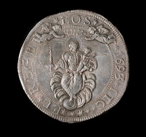 Měna Republiky genů: stříbrná mince pět Ecus. Průměr 61 mm. 1693. Zpět. Genes Musei di Strada Nuova od Italian School