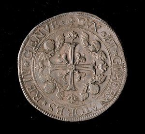 Měna Republiky genů: stříbrná mince pět Ecus. Průměr 61 mm. 1693. Přední. Genes Musei di Strada Nuova od Italian School
