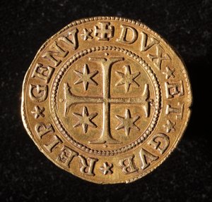 Měna republiky genů: pět zlatých mincí doppie. Průměr 41 mm. 1642. Přední. Genes Musei di Strada Nuova od Italian School