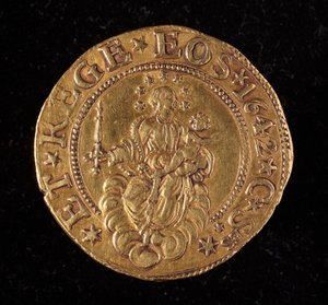 Měna republiky genů: pět zlatých mincí doppie. Průměr 41 mm. 1642. zpět. Genes Musei di Strada Nuova od Italian School