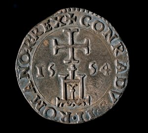 Měna republiky genů: stříbrný teston (nebo testone) požehnání. Přední strana představující janovský portál pod křížem. 1554 Genes, Musei di Strada Nuova od Italian School