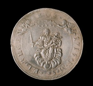 Měna republiky genů: stříbrná mince šest Ecus. Průměr 61,5 mm. 1715. Přední. Genes Musei di Strada Nuova (inv, M7156) od Italian School